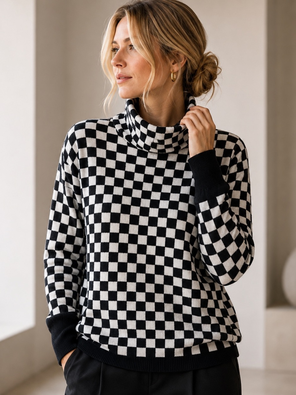 Gabby Isabella Checkered Turtleneck Sweater Black White Knit